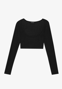 Fekete, hosszú ujjú, cropped felső, lekerekített nyakkivágással és sima anyagtanstruktúrával, minimalista dizájnnal, látható fémrészek nélkül.