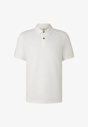 Wit poloshirt van zachte stof, voorzien van een knoopsluiting met twee zwarte knopen, een kraag en een klein logo op de borst.