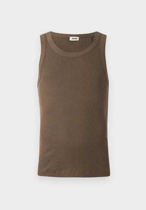 Débardeur côtelé marron avec un col rond et sans manches. Fabriqué en tissu doux et extensible. Présente des bords nets et une coupe ajustée.