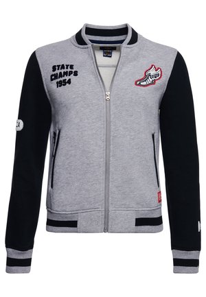 Grey and black zip-up varsity jacket with "STATE CHAMPS 1954" text, striped collar and cuffs, and athletic shoe patch on chest.