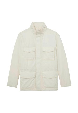 Kreemikõrvaline kerge jakk kõrge kraega, ees tõmblukk, mida katab klapp, ning neli klapikandiga taskut esiküljel.