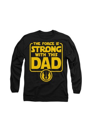 Schwarzes Langarm-T-Shirt mit auffälligem gelbem Text: „DIE KRAFT IST STARK MIT DIESEM VATER“ und einem runden Jedi-Symbol am unteren Rand.