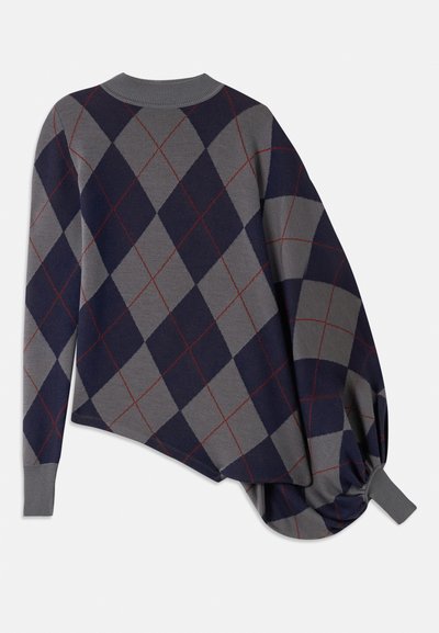 Gray and navy patterned sweater with diamond shapes, featuring a round neckline and an asymmetrical, gathered hem detail.