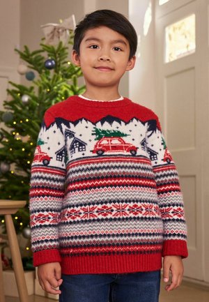Rot und weiß gestrickter Pullover mit Feiertagsmotiven, darunter Autos, Berge und Häuser. Gerippte Bündchen und Saum mit einem klassischen Rundhalsausschnitt.