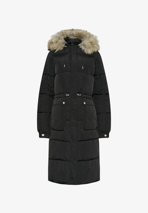 Zwart pufferjack met een met bont afgewerkte capuchon, een getailleerde taille, lange mouwen en drukknopenzakken. Heeft gestikte delen en een middellange snit.