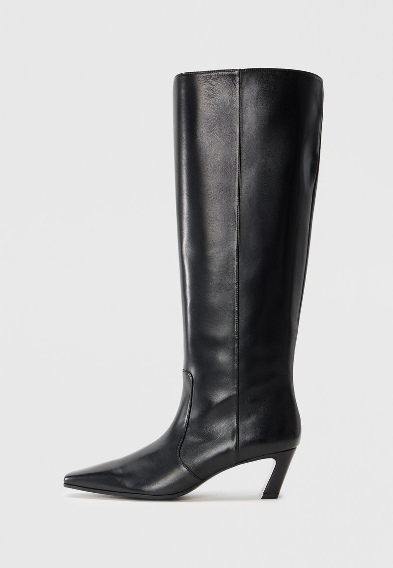 Black leather knee-high boots with a pointed toe, slim heel, smooth texture, and minimal stitching detail.