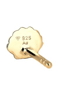 Guldtonet ørering med bølget kant, mærket "925" og "Ag" for sølvindhold. Har en lige stift med tre små perler.