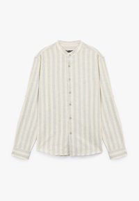 Stribet langærmet skjorte i beige og lys blå, med knaplukning foran og rund krave, lavet af struktureret stof og med regular fit.