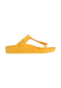 Infradito gialle in gomma con design a T, fibbia regolabile, suola testurizzata e suola piatta per il massimo comfort.