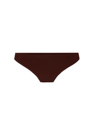 Brauner Bikini-Slip mit niedrigem Bund und glattem, nahtlosem Design, vor weißem Hintergrund dargestellt.