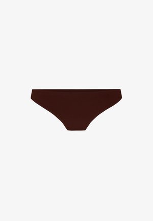 Brown low-rise bikini bottom with a smooth, seamless design, displayed against a white background.