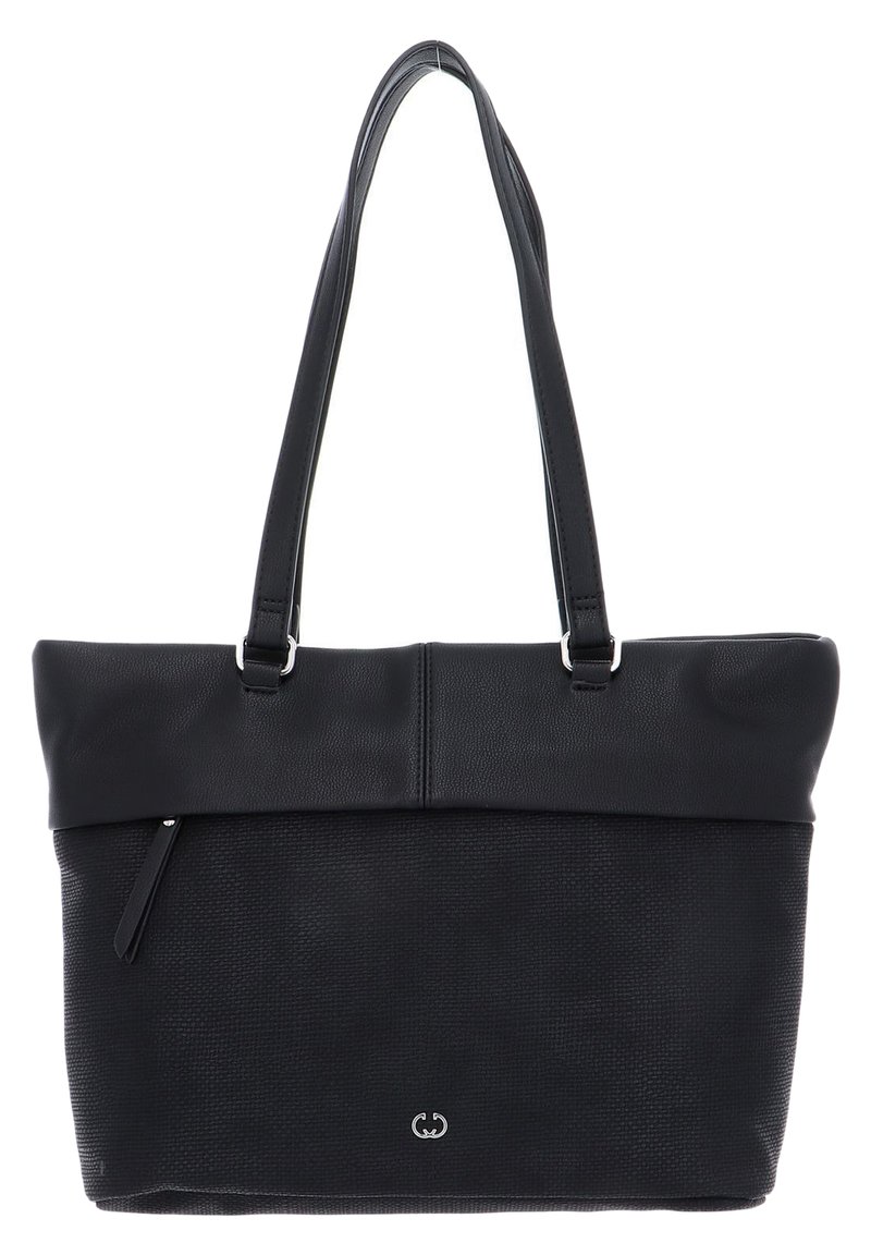Borsa tote nera con una sezione inferiore testurizzata e un tessuto superiore liscio, dotata di due manici e una tasca con zip sul lato.