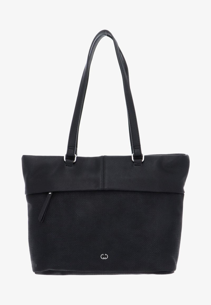 Borsa tote nera con una sezione inferiore testurizzata e un tessuto superiore liscio, dotata di due manici e una tasca con zip sul lato.