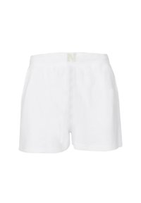 White shorts with a soft texture, featuring a wide waistband and a decorative "N" logo on the back. Simple and sporty design.