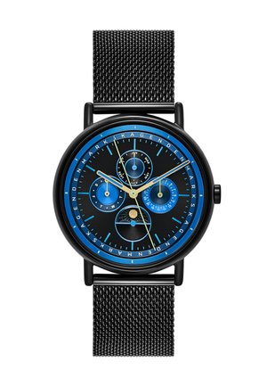 Schwarze Uhr mit einem blau-schwarzen Zifferblatt, drei Unterzifferblättern, gelben Akzenten und einem schwarzen Mesh-Armband. Verfügt über ein schlankes, modernes Design.