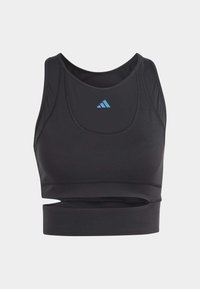 Černý sportovní crop top s kulatým výstřihem, výřezem na spodní části a modrým logem na hrudi. Vyrobeno z elastického materiálu.