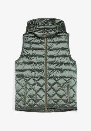 Ärmellose, glänzende, olivgrüne gesteppte Weste mit Frontreißverschluss, zwei Reißverschlusstaschen und abnehmbarer Kapuze mit Druckknöpfen.