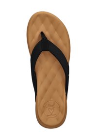 Black flip-flop with textured fabric straps, a cushioned tan sole featuring a diamond pattern and embossed logo. Smooth surfaces, casual design.