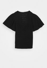 Černý top s výstřihem do V, krátkými nafouklými rukávy a laserově řezaným motivem s očky. Texturovaná látka dodává designu hloubku.