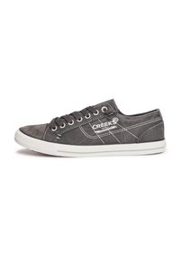 Sneaker in tela grigia con cuciture bianche e logo, design con lacci, suola in gomma, forma a profilo basso e punta arrotondata per l'uso quotidiano.