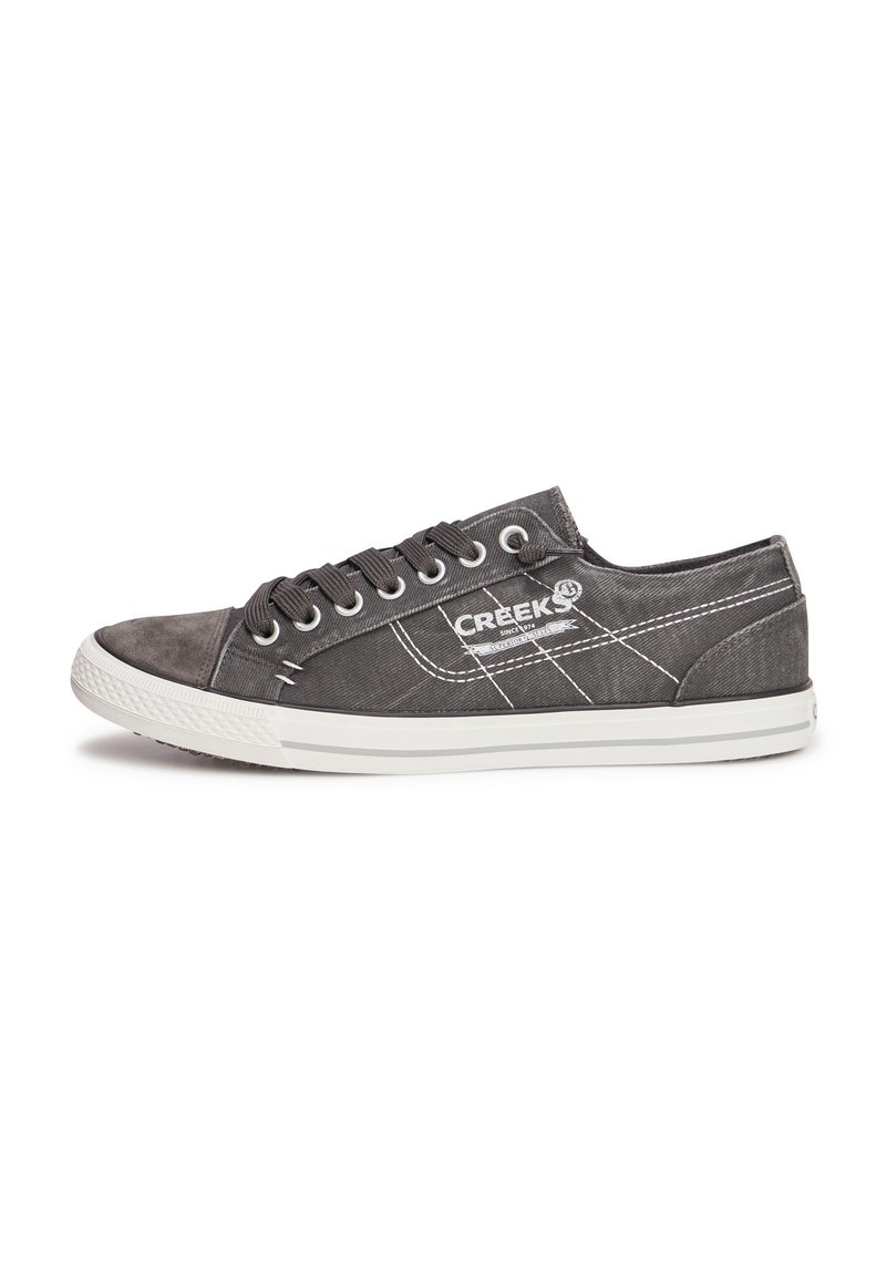 Sneaker in tela grigia con cuciture bianche e logo, design con lacci, suola in gomma, forma a profilo basso e punta arrotondata per l'uso quotidiano.