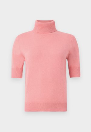 Pink short-sleeve turtleneck sweater with ribbed cuffs and hem, displayed on a plain white background.