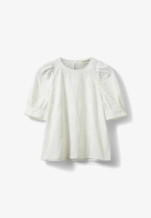 White blouse with a textured floral pattern, round neckline, short puff sleeves, and a back closure. Made from lightweight fabric.