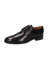 Scarpe eleganti in pelle nera con un design sofisticato, punta a forma affusolata e lacci con cinque occhielli. Presentano dettagli di cucitura discreti e una suola bassa.