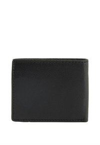 Portafoglio di pelle nera con una texture liscia, forma rettangolare e cuciture a contrasto. Non presenta hardware o motivi visibili.
