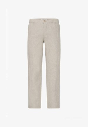 Pantalones rectos de mezcla de lino beige con cierre de cremallera y botón, trabillas para cinturón y bolsillos laterales.