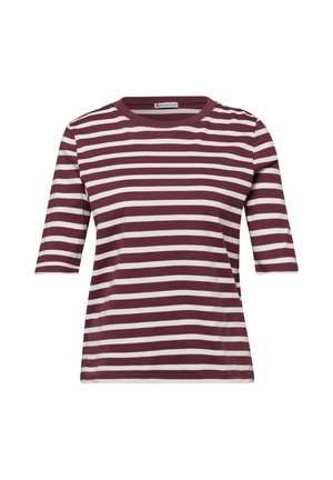 Chemise à manches courtes rayée horizontalement en marron et blanc avec un col rond, présentée sur un fond blanc.