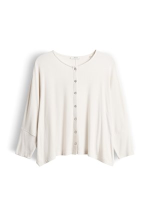 Weißer Langarm-Button-up-Cardigan mit rundem Ausschnitt und leicht lockerem Sitz, flach auf weißem Hintergrund dargestellt.