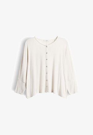 Weißer Langarm-Button-up-Cardigan mit rundem Ausschnitt und leicht lockerem Sitz, flach auf weißem Hintergrund dargestellt.