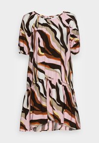 Vestido de corte holgado con dobladillo fruncido y mangas cortas abullonadas, que presenta un patrón abstracto de remolino en tonos de rosa, marrón, beige, naranja y amarillo.