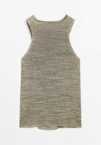 Haut sans manches en tissu texturé gris moucheté avec un col arrondi et un ourlet courbé, présentant un design simple et minimaliste.