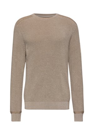 Pull en tricot de couleur beige clair avec un motif texturé. Il présente un col rond et des poignets et un ourlet côtelés. Manches longues, coupe classique.
