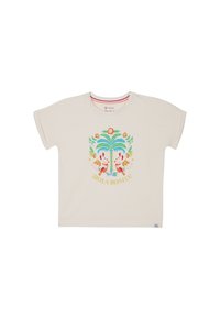 Beżowa bawełniana koszulka z krótkim rękawem, z kolorowym tropikalnym wzorem i napisem „¡HOLA BONITA!” ułożonym w okrąg.