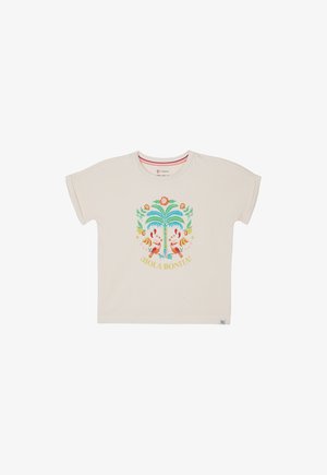 Camiseta de algodón color crema con mangas cortas, que presenta un diseño tropical colorido y el texto "¡HOLA BONITA!" en disposición circular.