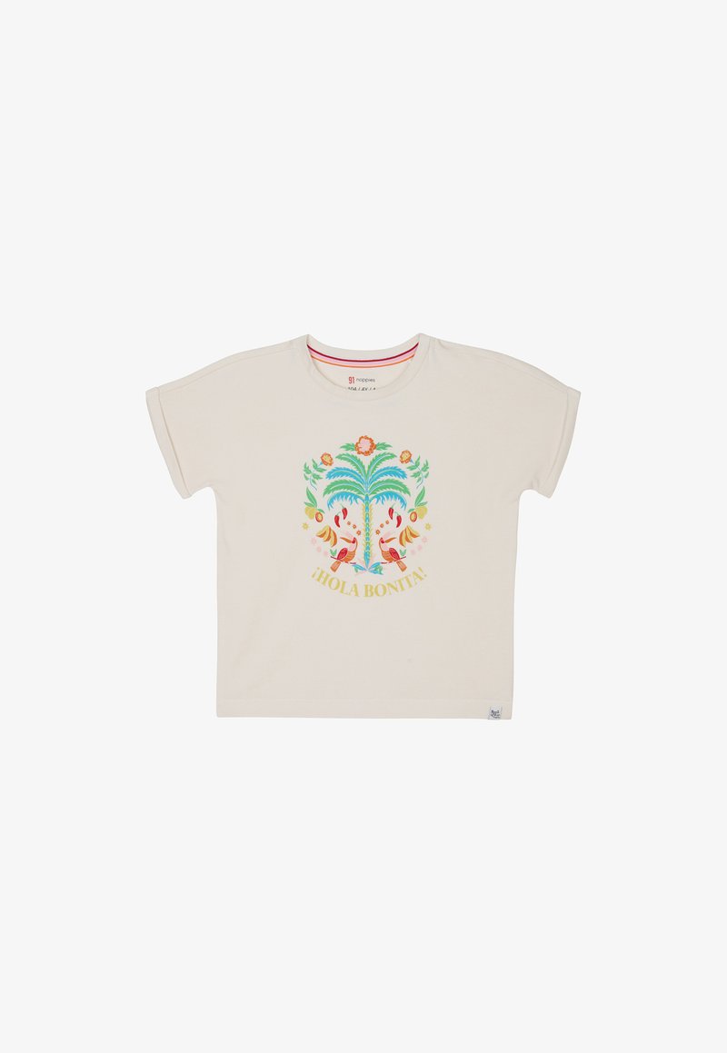 Beżowa bawełniana koszulka z krótkim rękawem, z kolorowym tropikalnym wzorem i napisem „¡HOLA BONITA!” ułożonym w okrąg.