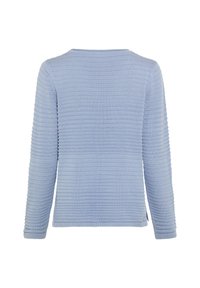 Helles blaues Langarmshirt mit strukturiertem Rippmuster. Runder Halsausschnitt mit lockerer Passform, ausgeführten Säumen und dezenten seitlichen Schlitzen.