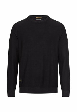 Sort langærmet crewneck-trøje med ribbet manchetter og kant, lavet af fint strikket stof, vist på hvid baggrund.