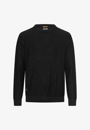 Sort langærmet crewneck-trøje med ribbet manchetter og kant, lavet af fint strikket stof, vist på hvid baggrund.