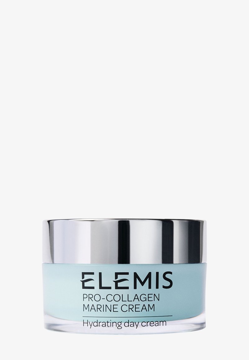 Petit pot de crème de jour hydratante Elemis Pro-Collagen Marine Cream avec un couvercle argenté et un contenant bleu clair.