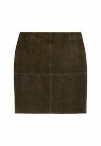 Ciemnobrązowa zamszowa mini spódnica z prostymi szwami, prostym krojem i bez widocznych zdobień czy zapięć.