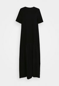 Schwarzes Maxikleid mit kurzen Ärmeln und rundem Ausschnitt. Verfügt über einen gerafften Saum, der einen luftigen Effekt erzeugt. Hergestellt aus weichem, glattem Stoff.