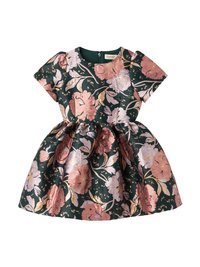 Sötétzöld anyagú virágmintás ruha rövid ujjakra, rózsaszín és arany virágmintákkal díszítve. Teljes szoknya deréknál ráncolással.