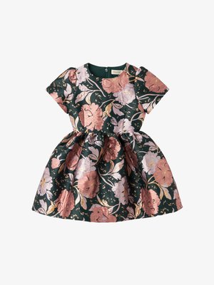 Sötétzöld anyagú virágmintás ruha rövid ujjakra, rózsaszín és arany virágmintákkal díszítve. Teljes szoknya deréknál ráncolással.