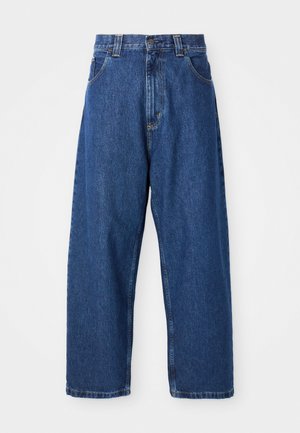 Denim wide-leg jeans in dark blue. Features a high waist, belt loops, and classic five-pocket design. Stitched hem with a clean finish.