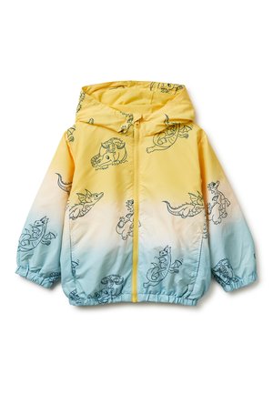 Giacca con cappuccio per bambini con gradiente dal giallo al celeste e illustrazioni di draghi neri, cerniera frontale e polsini elasticizzati.
