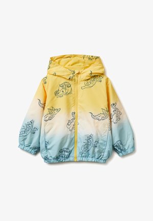 Children's hooded jacket with yellow to light blue gradient and black dragon illustrations, front zipper, and elastic cuffs.